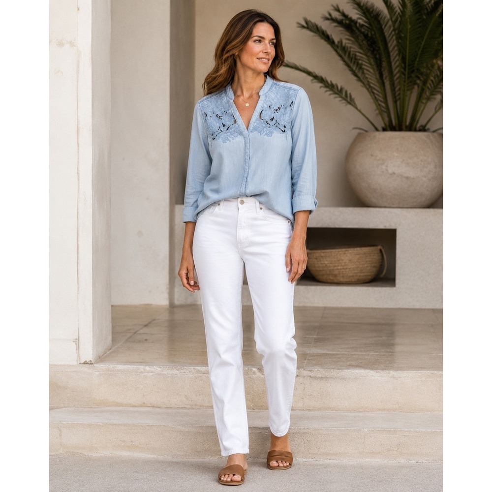 Anthropologie Holding Horses Lyocell Cutwork Chambray Blouse XSP Feminine Cozy